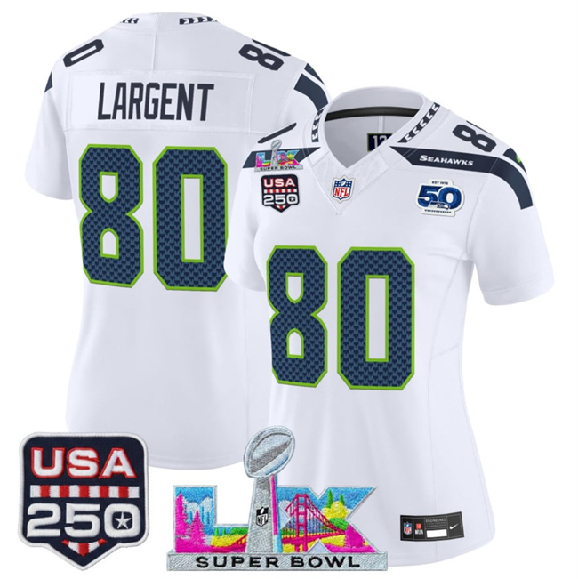 Women's Seattle Seahawks #80 Steve Largent White 2025 F.U.S.E. Super Bowl LX Patch And 50th Season & USA 250' Patch Vapor Limited Football Stitched Jersey(Run Small)
